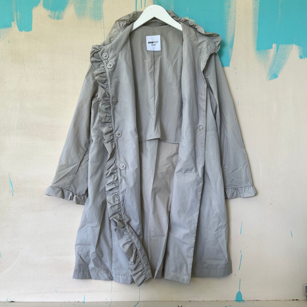 Jane Post New York Jacket Gray Ruffled Hooded Nylon Raincoat Women's M FLAWS